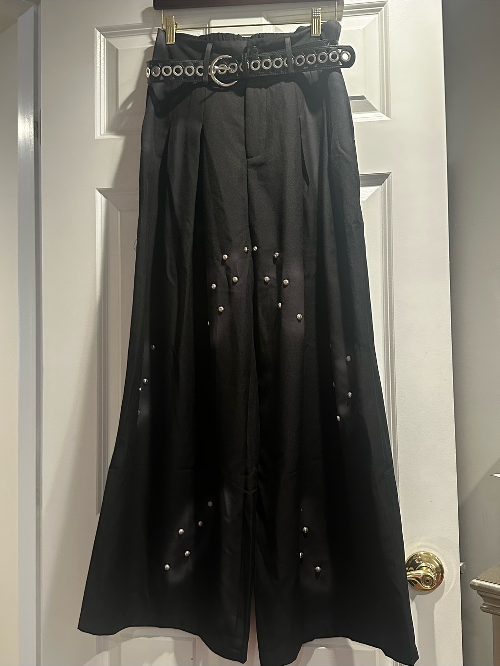 Black Maxi Skirt with Grommet Belt and Stud Detailing